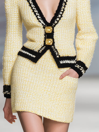 Chic Cardigan Jaune Clair à Col V avec Détails Noirs Élégants