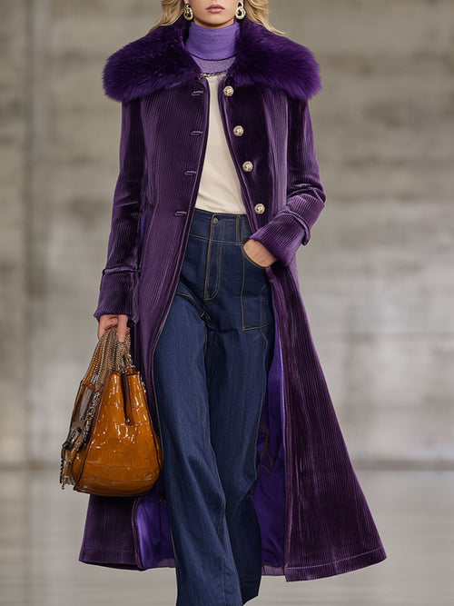 Veste Longue en Velours Côtelé Violet Rétro avec Col en Fourrure Écologique