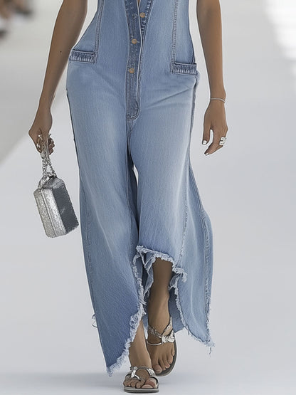 【Expédition en 24 heures】Salopette sans manches en denim bleu clair au style rétro, avec bords bruts et jambes larges zippées