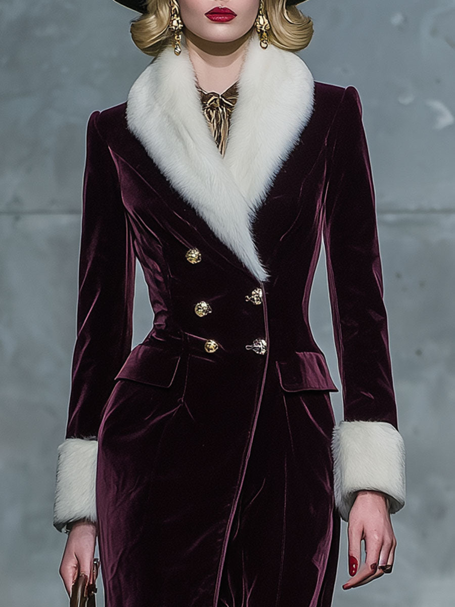 Veste en velours violet à double boutonnage avec col en fourrure rétro chic
