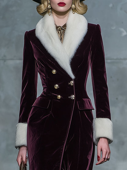 Veste en velours violet à double boutonnage avec col en fourrure rétro chic