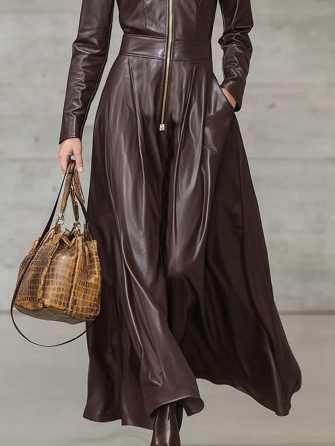 Robe Maxi en Cuir Marron Haut de Gamme avec Fermeture Éclair Avant et Élégantes Manches Longues