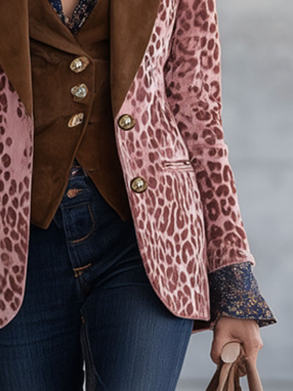 Veste en Velours Rose à Imprimé Léopard - Chic Rétro Urbain avec Revers Marron