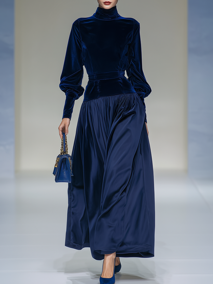 Robe Rétro Élégante en Velours Satin avec Col Montant et Manches Longues Patchwork