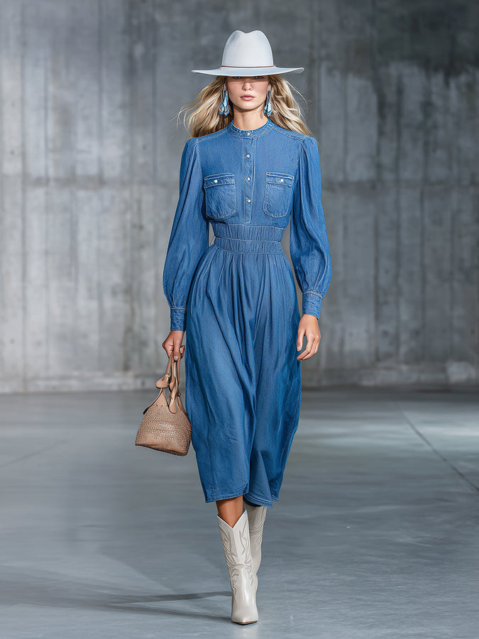 Robe Midi en Denim à Col Rond avec Taille Élastique Confortable