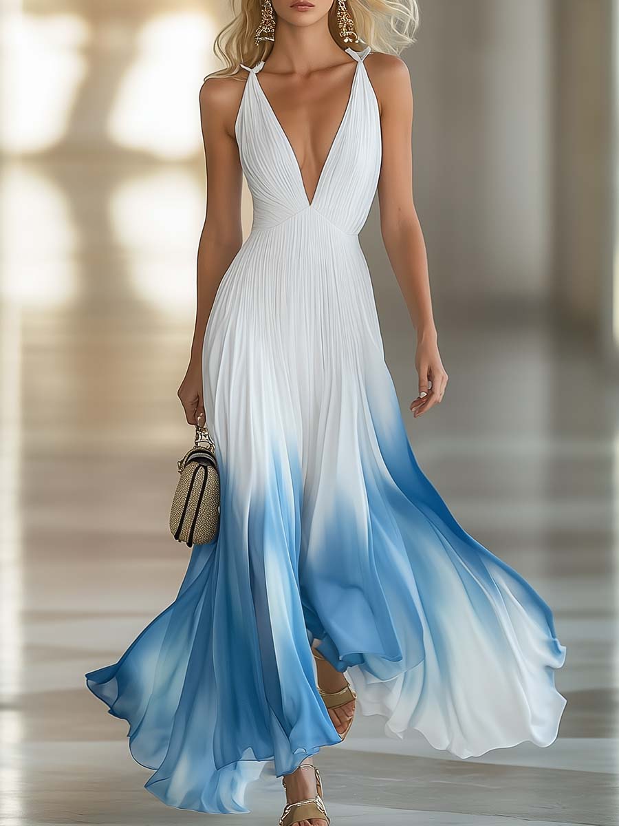 Robe Maxi Élégante en Chiffon Plissé Bleu Dégradé et Blanc – Décolleté en V, Expédition Rapide sous 24 Heures