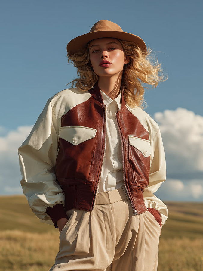 Veste aviateur cropped en simili cuir à motifs color-block chic