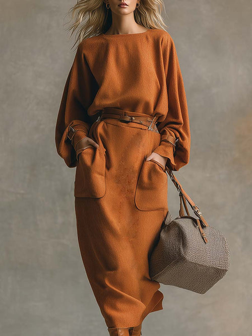 Robe Maxi Évasée en Laine Orange avec Col Rond et Poches Pratiques