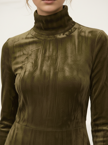 Robe Vintage en Velours Élégante avec Col Montant, Manches Longues et Ourlet en Dentelle