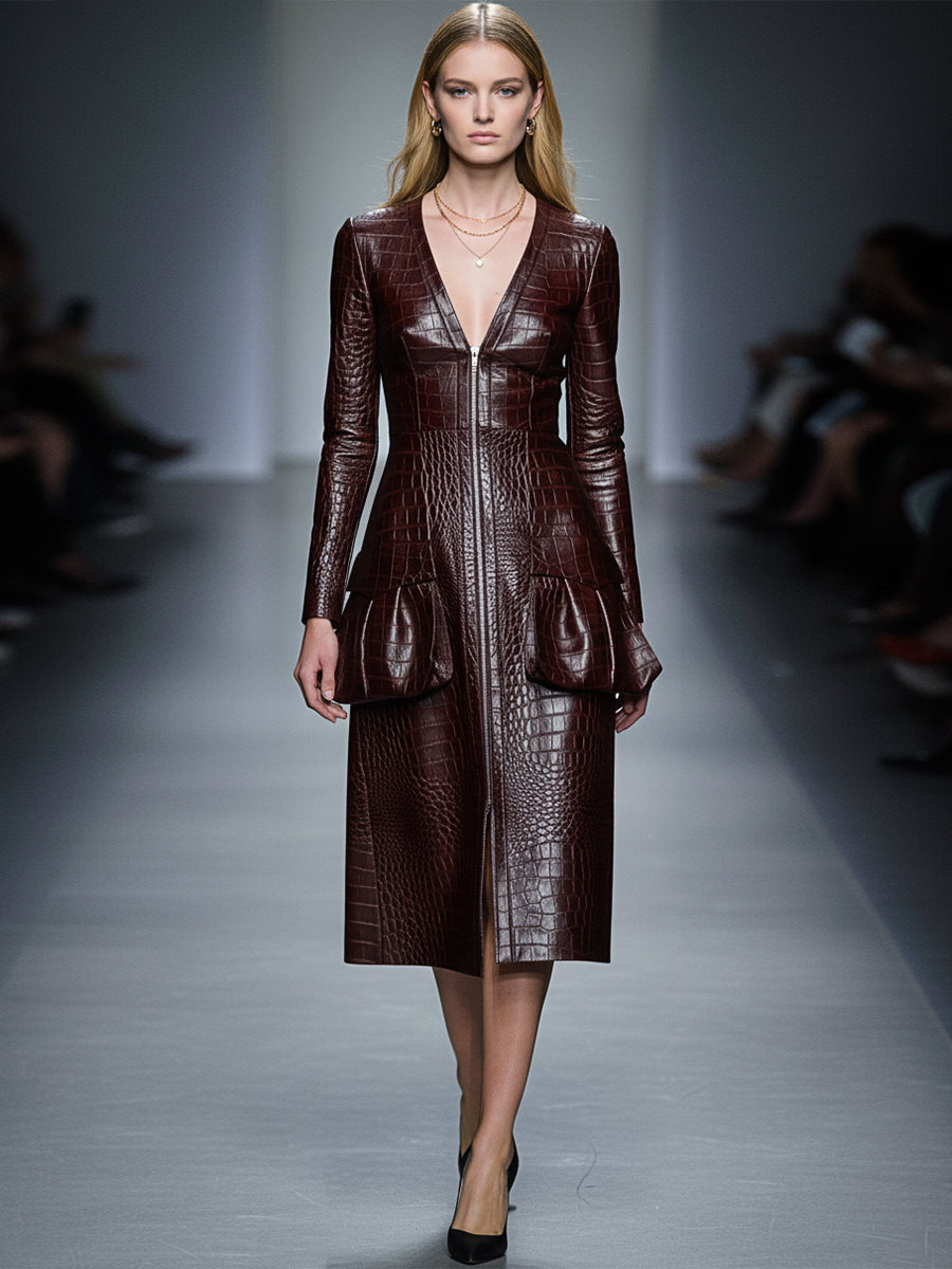 Robe Midi en Cuir PU Rouge Brun à Motif Crocodile avec Décolleté en V et Zip Chic