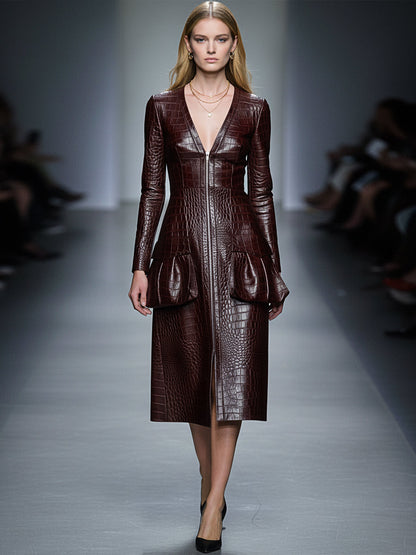 Robe Midi en Cuir PU Rouge Brun avec Col V et Zip Chic