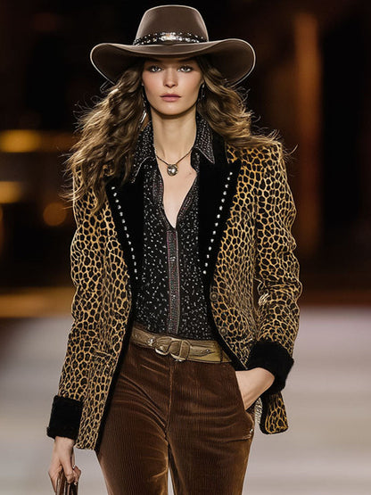 Veste en Velours Imprimé Léopard Rétro à Détails Contrastés