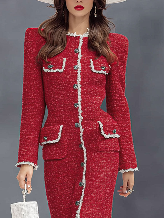 Robe Midi Élégante en Tissu Texturé avec Col Rond et Boutons Chic