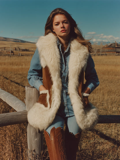 Veste Western en Suède Synthétique Marron avec Doublure en Fourrure de Lapin Écologique