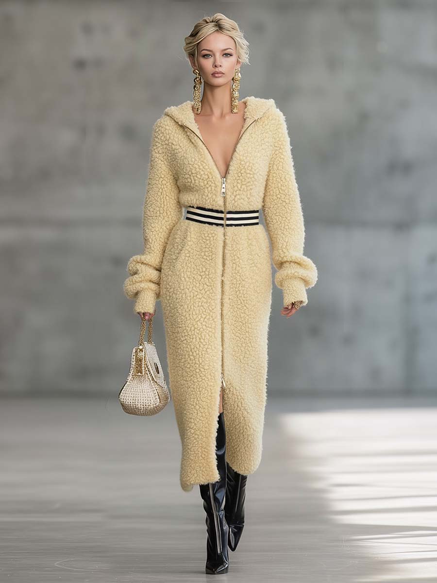Exquise Robe Midi en Polaire Jaune Rétro avec Capuche, Décolleté en V et Fermeture Éclair