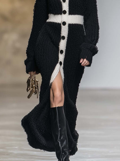 Robe Maxi Noire en Tricot avec Décolleté V et Boutons Frontaux – Détails Contrastants en Blanc