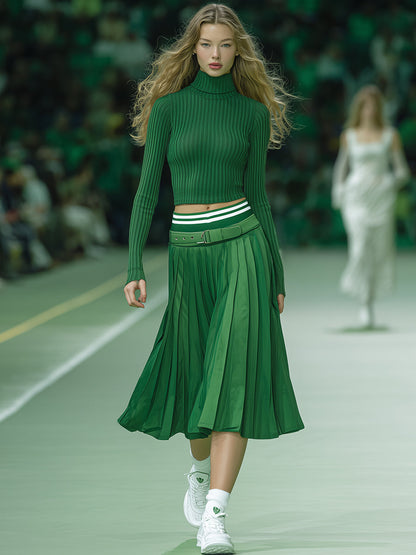 Ensemble Tunique Tricotée Éclatante en Vert avec Jupe Plissée Chic