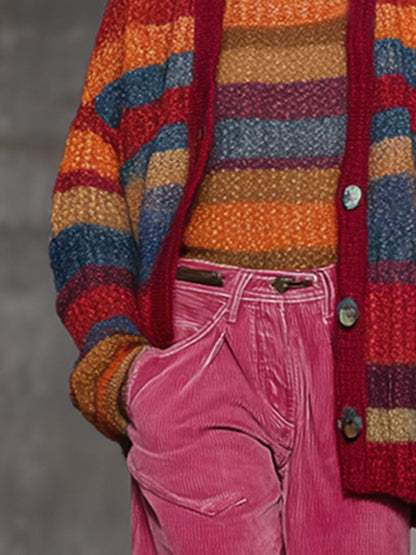 Cardigan Rayé Rétro à Boutons - Style Arc-en-Ciel