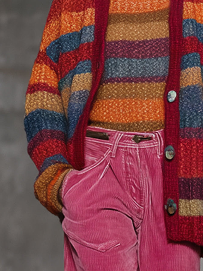Cardigan Retro en Tricot à Rayures Arc-en-Ciel avec Boutons