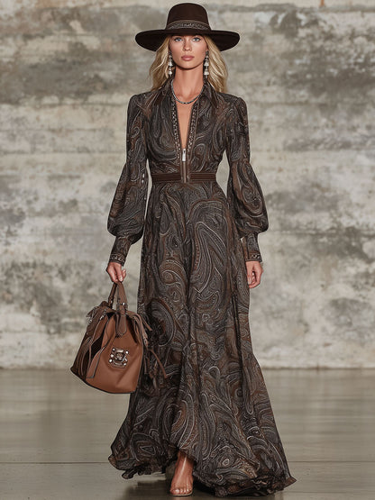 Robe Maxi Zippée au Charme Rétro à Motif Paisley