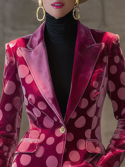 Chic Blazer en Velours à Pois : Élégance Rétro avec un Bouton