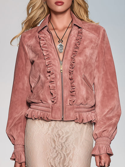 Veste Rose Vintage en Simili Daim avec Volants Style Western