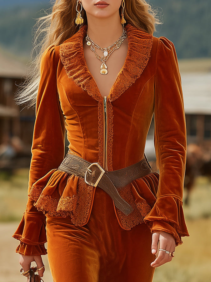 Veste Rétro en Velours Orange avec Volants et Jupe Longue Assortie