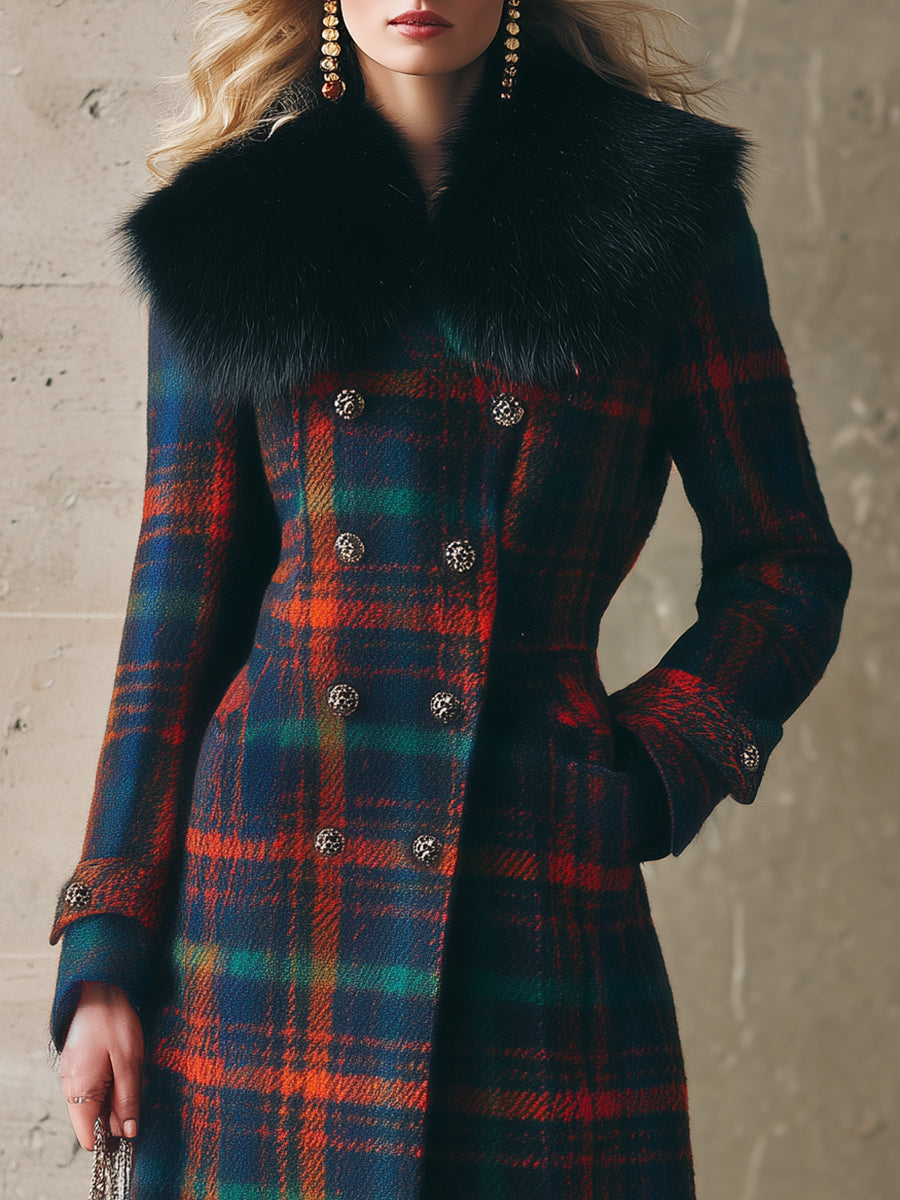 Veste Longue en Laine à Motifs Carreaux avec Col en Fourrure Synthétique – Chic Rétro et Tendance