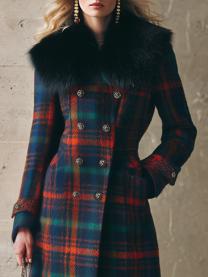 Veste Longue en Laine à Motifs Carreaux avec Col en Fourrure Synthétique – Chic Rétro et Tendance