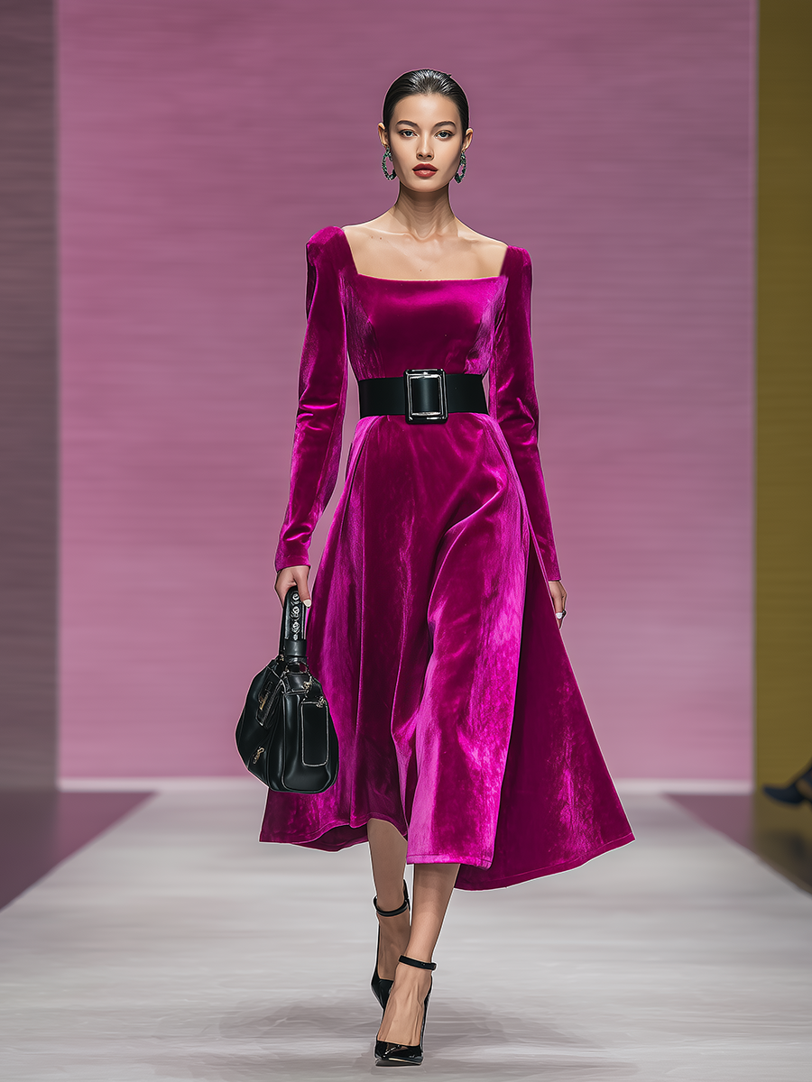 Robe Velours Chic et Séduisante à Encolure Carrée et Manches Longues