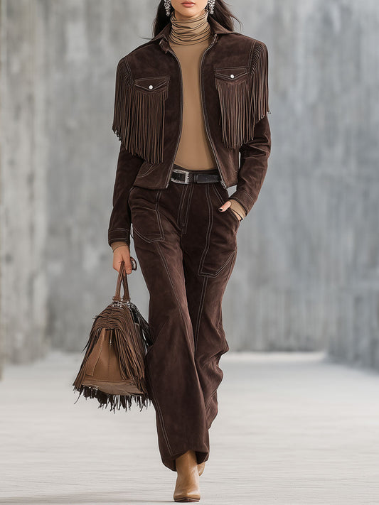 Ensemble Vintage Western en Suédine Cocoa Brun : Veste à Franges et Pantalon Droit
