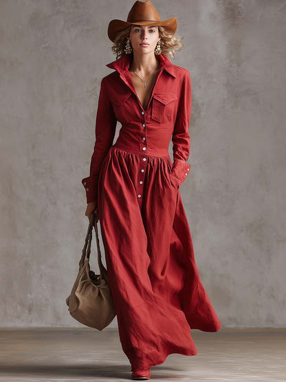 Robe Maxi Élégante en Coton et Lin Rouge - Style Veste de Vent avec Détails à Boutons