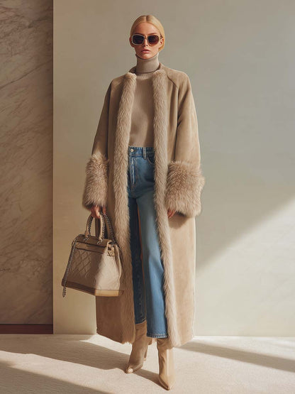 Elegant Long Faux Suede Coat with Luxurious Fleece Lining and Chic Faux Fur Trim