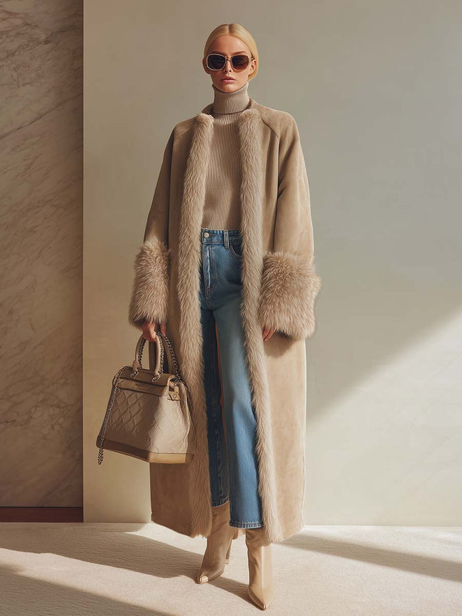 Elegant Long Faux Suede Coat with Luxurious Fleece Lining and Chic Faux Fur Trim