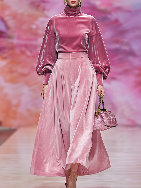 Élégant Ensemble Velours : T-shirt à Col Montant à Manches Longues et Jupe Coordonnée