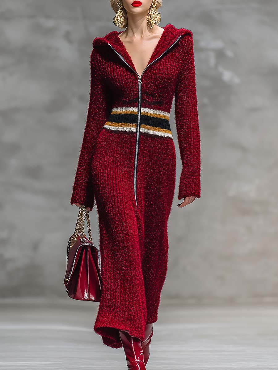 Robe Maxi Rouge Profond en Tricot avec Capuche et Fermeture Éclair