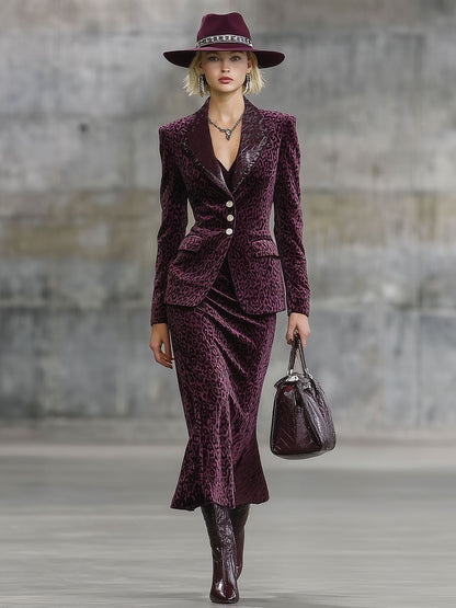 Jupe Midi en Similicuir avec Imprimé Léopard Violet Vintage et Détails en Velours