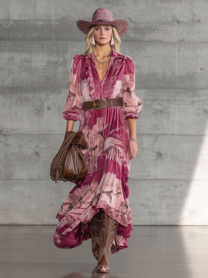 Robe Maxi en Velours Rose avec Imprimé de Cerf Sika - Élégance Rétro au Style Nomade Urbain