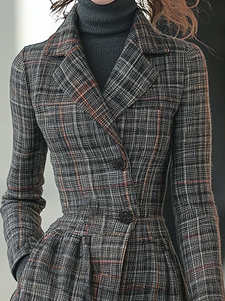 Élégant Manteau Rétro en Laine Grise à Carreaux avec Revers