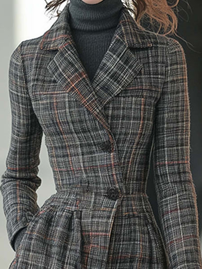 Élégant Manteau Rétro en Laine Grise à Carreaux avec Revers