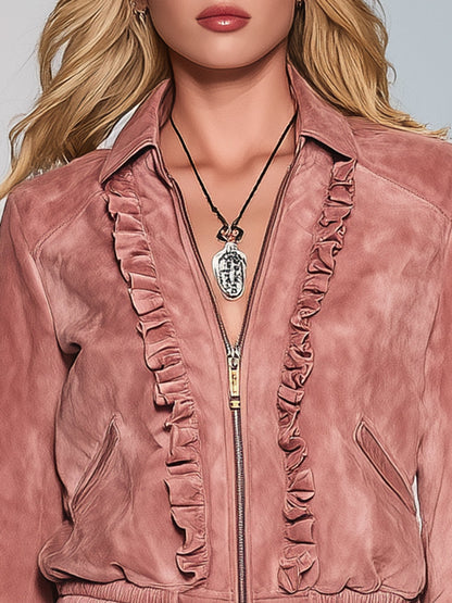 Veste Vintage en Rose Suédé Synthétique avec Détails Volants