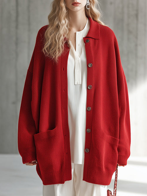 Chic Cardigan Rouge Tricoté avec Col Revers Élégant