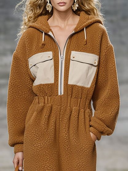 Robe Midi Décontractée en Fleece Camel Vintage avec Capuche et Taille Élastique