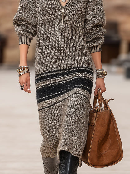 Robe Midi Tricotée Noir à Rayures Gris Foncé avec Col Rabattu et Fermeture Éclair