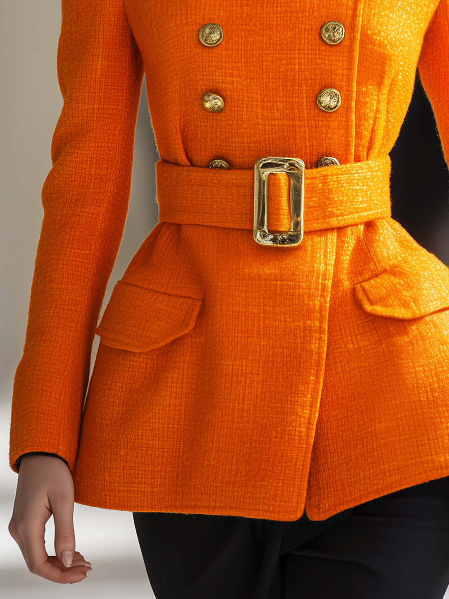 Veste Vintage en Tweed à Col Montant et Double Boutonnage