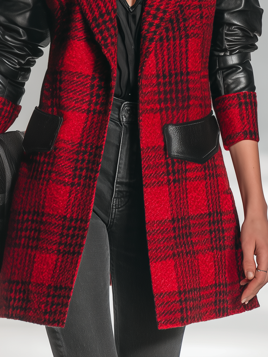 Veste mi-longue en patchwork de cuir synthétique à carreaux au style rétro