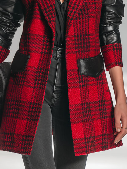 Veste mi-longue en patchwork de cuir synthétique à carreaux au style rétro