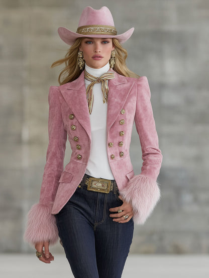 Veste en Faux Suède et Fourrure à Boutons Multiples avec Revers Élégant