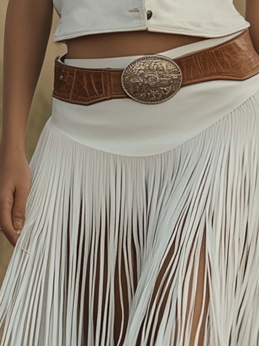 Jupe en Suède Blanc à Franges avec Ceinture Marron - Livraison en 24 Heures, Style Rétro Premium