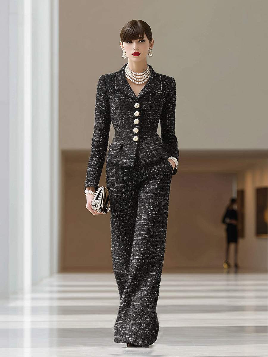Ensemble Chic de Pantalons Amples en Tweed Noir à Boutons